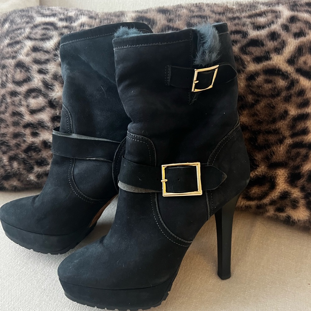 Jimmy Choo Heeled Fur Boots with Gold Buckle